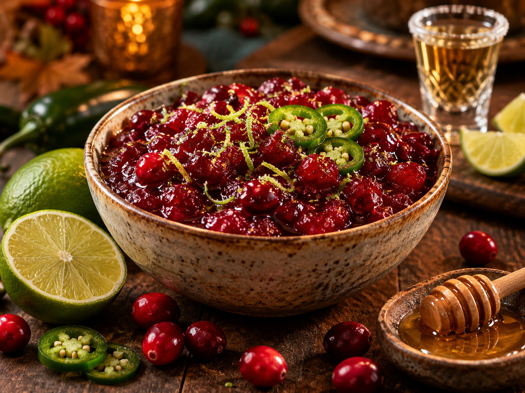 Jalapeño-Lime Cranberry Sauce with lime, jalapeño, and festive holiday styling