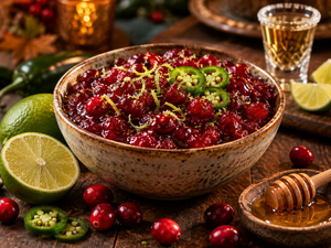 Jalapeño-Lime Cranberry Sauce with lime, jalapeño, and festive holiday styling