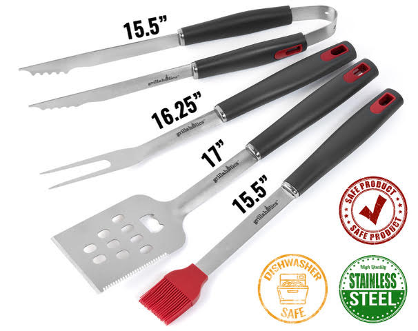 Grillaholics 4-Piece BBQ Grill Tools Set, Stainless Steel