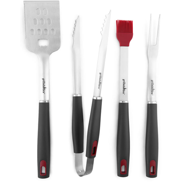 Set Utensili Da Barbecue Grillaholics Premium – 4 Pezzi In Acciaio Inox Con Manico In Legno – Regalo Perfetto Per Papà